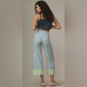 #323 Anthropologie The Colette Pant Blue Striped Linen Blend Embroidered